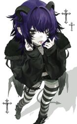 1girl black_eyeliner black_eyes black_footwear black_hair black_horns black_jacket black_nails chain collar collarbone_piercing crop_top cross cross_necklace demon_girl demon_horns demon_tail demon_wings ear_piercing eyelid_pull eyeliner grey_eyes hair_intakes heterochromia highres horns jacket jewelry kura_nnakiits low_wings makeup medium_hair mole multicolored_hair necklace original piercing purple_hair short_shorts shorts signature smile solo spiked_collar spiked_thigh_strap spikes striped_clothes striped_thighhighs tail thigh_strap thighhighs tongue tongue_out tongue_piercing white_background wings