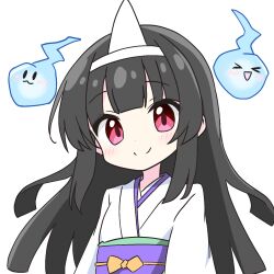 1girl black_hair blush closed_mouth commentary_request dot_nose highres hitodama japanese_clothes kimono kotatsu-mazoku long_hair looking_at_viewer obi original pink_eyes purple_sash sash simple_background smile solo triangular_headpiece upper_body white_background white_kimono