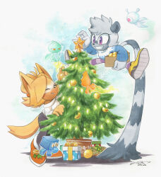christmas_sweater christmas_tree closed_eyes dated finik furry furry_female gift gloves highres pants shoes signature sonic_(series) tangle_the_lemur whisper_the_wolf white_gloves wisp_(sonic)