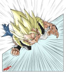 Rule 34 | 1boy, blonde hair, clenched hand, commentary, dragon ball, dragonball z, gogeta, green eyes, hashtag-only commentary, highres, incoming attack, looking at viewer, male focus, metamoran vest, motion lines, pants, shinsokunotaka, signature, solo, speed lines, super saiyan, super saiyan 1, white pants