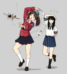 2girls ? aircraft arm_up black_hair black_skirt black_socks blue_sailor_collar blue_skirt brown_hair closed_eyes collared_shirt full_body grey_background grey_hat hat hatimoto hatsuyuki_(kancolle) highres hime_cut japanese_clothes kantai_collection kariginu long_hair long_sleeves magatama multiple_girls open_mouth pleated_skirt ryuujou_(kancolle) sailor_collar school_uniform serafuku shikigami shirt shoes short_sleeves simple_background skirt socks standing standing_on_one_leg sweat twintails visor_cap white_shirt white_socks