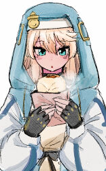 1boy androgyne_symbol aqua_eyes steamed_bun black_gloves blonde_hair blowing blush bridget_(guilty_gear) fingerless_gloves food gloves guilty_gear guilty_gear_strive hair_between_eyes highres holding hood hooded_jacket jacket long_sleeves male_focus noc_merinoc parted_lips simple_background solo trap upper_body white_background
