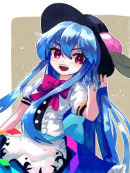 1girl black_hat blue_eyes bow bowler_hat bowtie fruit_hat_ornament hat highres hinanawi_tenshi looking_at_viewer open_mouth peach_hat_ornament plusplushm red_bow red_bowtie red_eyes shirt short_sleeves solo teeth touhou upper_teeth_only white_shirt