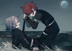 2boys :d ^_^ ahoge aotsuki_eito armband black_streaks blood boy_on_top closed_eyes commentary covered_eyes crying english_commentary facing_another from_side full_moon glasses gloves grey_hair highres holding holding_sword holding_weapon hole_in_chest hole_on_body last_defense_academy_school_uniform male_focus moon multicolored_hair multiple_boys night open_mouth red_hair school_uniform short_hair smile spoilers stab streaked_hair sumino_takumi sword the_hundred_line_-last_defense_academy- water weapon white_armband white_gloves xin_ci