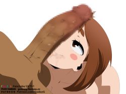 1boy 1girl absurdres blush boku_no_hero_academia brown_eyes brown_hair censored facejob felipe_godoy highres large_penis looking_up medium_hair nude penis penis_awe penis_on_face penis_on_head pov smile testicles uraraka_ochako white_background