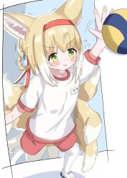 1girl absurdres alternate_costume animal_ears arknights ball blonde_hair braid braided_hair_rings chefcooo_jk closed_mouth commentary_request fox_ears fox_girl fox_tail green_eyes gym_uniform hair_rings hairband highres kitsune kyuubi multiple_tails red_hairband red_shorts shirt short_hair short_sleeves shorts solo suzuran_(arknights) tail twin_braids volleyball_(object) white_shirt