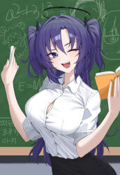 Rule 34 | 1girl, absurdres, black skirt, blue archive, blush, book, breasts, chalk, chalkboard, cleavage, doodle sensei (blue archive), hair ornament, halo, highres, large breasts, long hair, mechanical halo, one eye closed, partially unbuttoned, purple eyes, purple hair, sensei (blue archive), shirt, skirt, smile, solo, triangle hair ornament, white shirt, wotmd0160, yuuka (blue archive)
