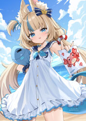 1girl ahoge animal_ear_fluff animal_ears beach blue_bow blue_collar blue_eyes blue_hair blue_nails blue_sky blush bow cat_ears cloud collar commentary dress fins fish_girl fish_tail frilled_shirt_collar frills hair_bow highres hiroki_(hirokiart) holding holding_paper indie_virtual_youtuber long_hair low_twintails nail_polish one_side_up open_mouth paper sameko_saba sameko_saba_(fish) sky sleeveless sleeveless_dress smile solo tail twintails very_long_hair virtual_youtuber water white_dress