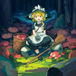 Rule 34 | 1girl, apron, black dress, black hat, black shoes, blonde hair, bow, braid, breasts, commentary request, doggo 1d34, dress, forest of magic, frilled apron, frills, grass, happy, hat, hat bow, highres, holding, kirisame marisa, loafers, medium breasts, mini-hakkero, mushroom, open mouth, outdoors, puffy short sleeves, puffy sleeves, rock, shoes, short sleeves, side braid, single braid, sitting, solo, teeth, touhou, upper teeth only, white apron, white bow, witch, witch hat, yellow eyes