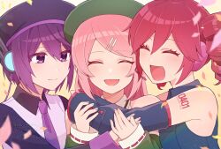 3girls beret birthday black_hat black_sleeves blush closed_eyes collared_shirt confetti detached_sleeves drill_hair falling_petals fingernails full_body green_hat green_sleeves hair_between_eyes hair_ornament hairclip hands_up hat headphones highres karato_ge kasane_teto kasane_teto_(utau) looking_at_another momone_momo multiple_girls necktie number_tattoo open_mouth petals pink_hair purple_eyes purple_hair purple_necktie red_hair red_tattoo shirt short_hair shoulder_tattoo sleeveless sleeveless_shirt smile tattoo twin_drills upper_body utane_uta utau white_shirt wing_collar yellow_background