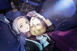 1boy 1girl arm_guards belt blonde_hair blue_capelet blue_eyes capelet couple dappled_sunlight dimitri_alexandre_blaiddyd edelgard_von_hresvelg falling_petals fire_emblem fire_emblem:_three_houses flower from_above garreg_mach_monastery_uniform gloves hair_between_eyes hair_ribbon hand_on_another&#039;s_cheek hand_on_another&#039;s_face heads_together ikaikakka light_particles long_hair long_sleeves looking_at_viewer looking_to_the_side lying military_uniform mixed-language_commentary nintendo on_back parted_bangs parted_lips petals puffy_long_sleeves puffy_sleeves purple_eyes purple_ribbon red_capelet red_flower red_rose ribbon rose rose_petals short_hair sunlight upside-down white_gloves white_hair