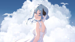 absurdres blue_hair blue_sky cloud cloudy_sky dress from_behind hair_ribbon highres karon_(vtuber)_(artist) ribbon sky smile white_dress yellow_eyes