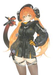 Rule 34 | 1girl, absurdres, asymmetrical gloves, black hat, black horns, black pantyhose, cowboy shot, dragon girl, dragon horns, fingerless gloves, gloves, gyechan (3bib1m), hair between eyes, hand on own hip, hat, highres, hood, hooded coat, horns, long hair, looking at viewer, magus (zenless zone zero), mechanical tail, mismatched gloves, orange pupils, orpheus (zenless zone zero), pantyhose, simple background, single fingerless glove, tail, thighhighs, yellow gloves, zenless zone zero, zettai ryouiki