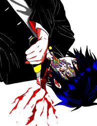 Rule 34 | 1boy, black eyes, black hair, bleeding, blood, boxcutter, highres, holding, holding boxcutter, looking at viewer, male focus, randal&#039;s friends, short hair, simple background, slit throat, solo, suicide, tsukada satoru, upper body, upside-down, uri ka55, white background