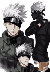 Rule 34 | 1boy, black eyes, book, flak jacket, forehead protector, from side, hatake kakashi, high collar, highres, holding, holding book, jacket, konohagakure shinobi uniform, looking at viewer, male focus, mask, mole, mole under mouth, mouth mask, naruto (series), ninja mask, no mask, one eye covered, reading, scar, scar across eye, scar on face, short hair, simple background, solo, sso s, white background, white hair