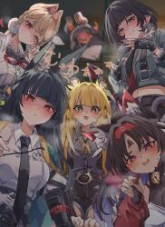 5girls alice_thymefield animal_ear_fluff animal_ears arched_bangs barcode belt belt_buckle blac_gloves black_belt black_hair black_necktie blonde_hair blue_eyes blue_jacket blunt_bangs blunt_ends blush braid breath buckle cat_ears cat_girl collared_shirt cropped_jacket drooling eous_(zenless_zone_zero) fingerless_gloves fox_ears fox_girl gloves green_eyes grey_shirt heart heart_in_eye heavy_breathing heterochromia highres hime_cut hoshimi_miyabi jacket jane_doe_(zenless_zone_zero) ju_fufu long_hair long_sidelocks looking_at_viewer looking_down midriff motion_blur mouse_ears mouse_girl mouth_drool multiple_girls necktie nekomiya_mana parted_bangs parted_lips partially_shaded_face pe_eee00 rabbit_ears red_eyes shirt short_hair sidelocks smile symbol_in_eye tiger_ears tiger_girl trait_connection very_long_hair wavy_mouth white_shirt yellow_eyes yellow_jacket zenless_zone_zero