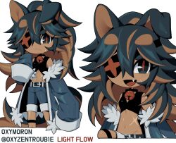 1girl absurdres animal_ears bell belt belt_buckle black_belt black_collar blue_jacket blue_shorts brown_hair brown_pupils buckle collar dark-skinned_female dark_skin dog_ears dog_girl dog_tail english_text eyepatch fur-trimmed_jacket fur_trim grey_eyes grey_hair highres jacket jingle_bell long_hair looking_at_viewer midriff multicolored_hair multiple_views original oxymoron_(oxyzentroub1e) ponytail scar shorts simple_background streaked_hair tail white_background