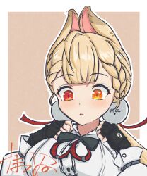 1girl absurdres alice_thymefield animal_ears blonde_hair breasts brown_background buttons character_name commentary_request fingerless_gloves gloves hands_up highres long_hair looking_down orange_eyes outside_border parted_lips partial_commentary rabbit_ears rabbit_girl red_eyes shirt signature simple_background solo sphere_hair_ornament tama_es45_nyan white_shirt zenless_zone_zero