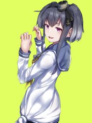 Rule 34 | 1girl, anchor necklace, black hair, blue sailor collar, blush, brown eyes, gradient hair, green background, grey hair, hairband, hat, highres, jewelry, kantai collection, long shirt, long sleeves, looking at viewer, looking to the side, mini hat, multicolored hair, neckerchief, necklace, onozuka yuruo, open mouth, pantyhose, sailor collar, shirt, short hair, short hair with long locks, smile, solo, tied shirt, tokitsukaze (kancolle), yellow neckerchief