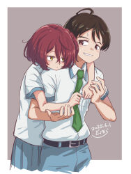 1boy 1girl ahoge blue_pants blue_skirt blush border brown_eyes brown_hair clenched_teeth clothes_grab collared_shirt cowboy_shot dated green_necktie grey_background hair_bobbles hair_ornament hetero highres hug hug_from_behind komari_chika make_heroine_ga_oo_sugiru! necktie necktie_grab neckwear_grab nukumizu_kazuhiko outside_border pants pleated_skirt red_eyes school_uniform shirt short_hair short_sleeves signature skirt summer_uniform sweat teeth toyosora tsuwabuki_high_school_uniform white_border white_shirt yellow_eyes