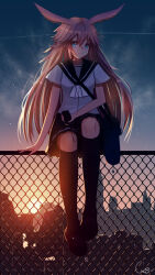 1girl absurdres animal_ears bag black_serafuku black_thighhighs blue_eyes closed_mouth earphones fence fox_ears full_body highres holding holding_phone honkai_(series) honkai_impact_3rd long_hair neckerchief outdoors phone pink_hair qwerggthankyou school_uniform serafuku shirt shoulder_bag sitting solo sunset thighhighs white_neckerchief white_shirt yae_sakura