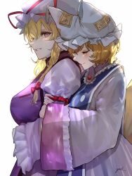 2girls arm_hug blonde_hair blue_tabard blush breasts closed_eyes dress eneshi fox_girl fox_tail from_side hair_between_eyes hair_ribbon hat highres hug hug_from_behind large_breasts long_hair long_sleeves medium_hair mob_cap multiple_girls multiple_tails puffy_sleeves purple_eyes purple_tabard ribbon signature smile tabard tail teeth touhou white_background white_dress yakumo_ran yakumo_yukari