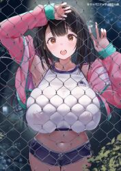 1girl against_wall arms_up black_hair blush breasts brown_eyes covered_erect_nipples highres huge_breasts jacket long_hair long_sleeves looking_at_viewer mappaninatta mature_female navel open_clothes open_jacket open_mouth original outdoors pink_jacket short_shorts shorts solo