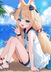 1girl absurdres animal_ear_fluff animal_ears bare_arms bare_shoulders blonde_hair blue_eyes blue_sky blush cloud day fang hair_ornament highres indie_virtual_youtuber long_hair looking_at_viewer melenas_(twdy2773) midriff multicolored_hair ocean open_mouth outdoors sameko_saba sitting sky sleeveless solo streaked_hair tail twintails very_long_hair virtual_youtuber yellow_eyes