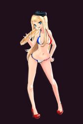 1girl baguette beret bikini black_background blonde_hair blue_eyes bread breasts chloe_lemaire drawfag female_focus flag_print flag_print_bikini food france french_flag french_flag_bikini full_body girlfriend_(kari) hat high_heels highres leaning_forward long_hair long_legs looking_at_viewer naughty_face navel print_bikini red_shoes shoes solo standing striped_bikini striped_clothes swimsuit vertical-striped_bikini vertical-striped_clothes