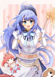 1girl absurdres blue_eyes blue_hair blue_ribbon breasts broom character_doll daimanzoku! doll frills hair_ornament highres iris_mysteria! long_hair medium_breasts neck_ribbon open_mouth ponytail priscilla_marcell_de_palvin ribbon smile stuffed_toy very_long_hair