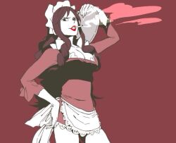 Rule 34 | 1girl, apron, baby 5, breasts, cigarette, cleavage, commentary request, cowboy shot, dress, drill hair, hand on own hip, holding, holding plate, long hair, looking at viewer, maid apron, maid headdress, one piece, plate, red lips, short dress, sidelocks, simple background, smile, smoke, tanaka (tanakya123)