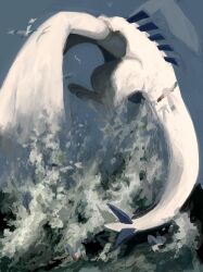 absurdres bird colored_skin creatures_(company) flying from_behind game_freak gen_2_pokemon gen_3_pokemon highres kfkgot7ig2r5265 legendary_pokemon lugia midair nintendo no_humans ocean outdoors pokemon pokemon_(creature) pokemon_focus sky spines splashing surfacing tail water white_skin wings wingull