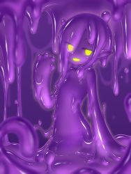 1girl colored_skin curss flat_chest glowing glowing_eyes hair_over_one_eye highres monster_girl open_mouth pointy_ears purple_hair purple_skin slime_girl small_hands solo waving yellow_eyes