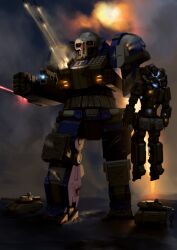 3boys absurdres armor atlas_(battletech) battle battletech bobot073 clenched_hands commentary electricity english_commentary full_body glowing glowing_eyes highres laser looking_at_viewer military_vehicle motor_vehicle multiple_boys rocket sky smoke standing tank weapon