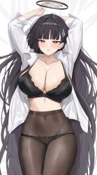 1girl absurdres black_bow black_hair black_halo black_pantyhose blue_archive blunt_bangs blush bow bra breasts bright_pupils cleavage covered_navel dubeaduver groin hair_ornament hairclip hairpin halo highres lace lace_bra lace_trim large_breasts long_hair looking_at_viewer lying midriff multicolored_halo on_back on_bed open_clothes open_shirt pantyhose red_eyes rio_(blue_archive) shirt solo thighhighs two-tone_halo underwear white_pupils white_shirt