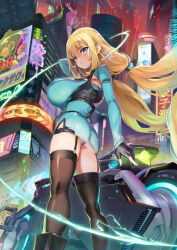1girl alicia_arclight armpit_cutout ass black_thighhighs blonde_hair blue_eyes boots breasts building chinese_text city city_lights closed_mouth clothing_cutout cover cover_page cyberpunk dress fingerless_gloves from_below garter_straps gloves goetia_shock hair_between_eyes highres huge_breasts impossible_clothes impossible_dress lightning long_hair long_sleeves looking_back low_twintails motor_vehicle motorcycle night novel_cover official_art ookuma_nekosuke pencil_dress science_fiction second-party_source sign solo standing striped_clothes striped_dress thighhighs twintails vertical-striped_clothes vertical-striped_dress very_long_hair zettai_ryouiki