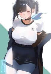 1girl absurdres aqua_background black_choker bra_visible_through_clothes breasts choker goddess_of_victory:_nikke highres kotha_art large_breasts red_eyes see-through_clothes skirt solo sora_(nikke) thighs tongue tongue_out two-tone_background white_background