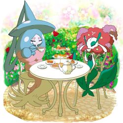 2girls absurdly_long_hair big_hair black_sclera blue_hair blue_hat bush closed_eyes closed_mouth colored_sclera colored_skin cup drinking female_focus flat_chest florges florges_(red_flower) flower full_body gen_6_pokemon gen_8_pokemon gradient_hair green_skin hair_flower hair_ornament half-closed_eyes hand_up happy hat hatterene holding holding_cup long_hair monster_girl monya multicolored_hair multicolored_skin multiple_girls nintendo on_chair outdoors pink_hair plant_girl plate pokemon pokemon_(creature) prehensile_hair red_hair saucer sidelocks sitting smile split_mouth table tea teapot tiered_tray two-tone_hair two-tone_skin u_u very_long_hair white_eyes white_skin witch_hat yellow_flower