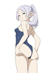 1girl :3 absurdres ass blue_one-piece_swimsuit breasts competition_swimsuit coro_fae elf frieren from_behind grabbing_own_ass green_eyes highres long_hair looking_at_viewer looking_back one-piece_swimsuit pointy_ears simple_background small_breasts solo sousou_no_frieren swimsuit twintails white_background white_hair