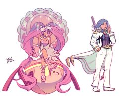 2girls absurdly_long_hair blue_hair breasts cleavage cosplay dress entrapta eyepatch harime_nui harime_nui_(cosplay) highres kill_la_kill long_hair mermista mondaykilly multiple_girls open_clothes open_mouth pink_dress purple_hair robot sanageyama_uzu sanageyama_uzu_(cosplay) she-ra_and_the_princesses_of_power shoulder_spikes simple_background sitting smile spikes standing twintails very_long_hair weapon weapon_on_back white_background yawning