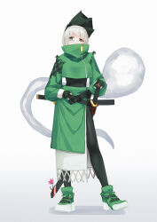 1girl alternate_costume black_pantyhose covered_mouth full_body green_eyes green_footwear green_jacket green_skirt highres jacket konpaku_youmu konpaku_youmu_(ghost) pantyhose qingmingtongzi sheath sheathed skirt solo standing sword touhou weapon white_hair