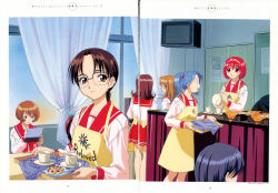 Rule 34 | 5girls, absurdres, apron, brown eyes, brown hair, classroom, closed mouth, cookie, cup, curtains, day, facing away, feet out of frame, food, glasses, hair ribbon, highres, holding, holding tray, hoshina tomoko, kamigishi akari, long hair, long sleeves, matsumoto rica, multiple girls, nagaoka shiho, official art, okada megumi, plate, red eyes, red hair, red sailor collar, ribbon, sailor collar, school festival, school uniform, serafuku, short hair, sitting, standing, stitched, television, third-party edit, to heart, to heart (series), tray, window, yoshii yukari