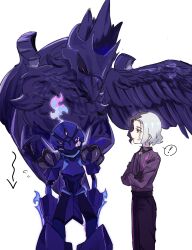 Rule 34 | !, 1boy, amethio (pokemon), arrow (symbol), black pants, bright pupils, ceruledge, collared shirt, commentary request, copituji, corviknight, crossed arms, flying sweatdrops, gen 8 pokemon, gloves, highres, loose hair strand, male focus, multicolored hair, nintendo, open mouth, pants, pokemon, pokemon (anime), pokemon (creature), pokemon horizons, purple eyes, shirt, short hair, simple background, spoken exclamation mark, two-tone hair, white background, white pupils