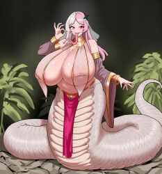 Rule 34 | 1girl, absurdres, areola slip, borrowed character, bracelet, breast curtains, breasts, corinna21210534, detached sleeves, fellatio gesture, forked tongue, gigantic breasts, glasgow smile, hair ornament, harem outfit, highres, inverted nipples, jewelry, lamia, large areolae, long hair, long tongue, loose sleeves, monster girl, multicolored hair, nipples, original, pelvic curtain, pink hair, red eyes, see-through clothes, snake girl, snake tail, snake tongue, solo, tail, tongue, tongue out, two-tone hair, usekh collar, veil, white hair, wide mouth