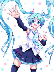 1girl absurdly_long_hair aqua_eyes aqua_hair aqua_necktie artist_name artist_request bare_shoulders black_skirt black_sleeves black_thighhighs blue_eyes blue_hair blue_necktie blush breasts collared_shirt detached_sleeves female_focus hair_between_eyes hair_ornament hand_wave hatsune_miku headphones headset highres long_hair long_sleeves looking_at_viewer mimimix necktie parted_lips pleated_skirt shirt skirt sleeveless sleeveless_shirt sleeves_past_fingers sleeves_past_wrists small_breasts solo thighhighs twintails very_long_hair vocaloid white_background white_shirt