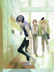 22kolink 3boys black_hair brown_hair collared_shirt full_body hallway headphones headphones_around_neck highres id_card indoors lanyard locker locker_room male_focus multiple_boys necktie open_collar pants school_uniform shirt short_hair standing vest