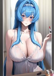 1girl absurdres blue_eyes blue_hair bodam breasts cleavage collarbone commentary_request cosmetics covered_navel frilled_nightgown goddess_of_victory:_nikke hair_between_eyes hair_intakes hairband helm_(nikke) helm_(post-shower_moment)_(nikke) highres holding holding_lipstick_tube huge_breasts lipstick lipstick_tube long_hair looking_at_viewer makeup mirror nightgown reflection ribbon see-through_nightgown solo spaghetti_strap white_hairband white_negligee white_nightgown white_ribbon