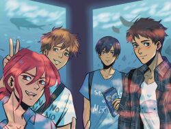 4boys andythelemon aquarium blue_eyes brown_hair eyebrows eyepatch free! green_eyes light_brown_hair long_hair male_focus matsuoka_rin multiple_boys nanase_haruka_(free!) ponytail red_hair sharp_teeth tachibana_makoto teeth yamazaki_sousuke