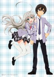 1girl :c :d absurdres ahoge arm_hug green_eyes haiyore!_nyaruko-san hand_on_own_hip highres huge_ahoge jumping long_hair necktie nyarlathotep_(nyaruko-san) official_art open_mouth plaid_background plaid_clothes plaid_skirt pleated_skirt school_uniform shirt simple_background skirt smile thighhighs translated white_thighhighs yasaka_mahiro
