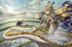 1girl arknights bare_shoulders basket bird blonde_hair breasts brooch closed_mouth dragon_girl dragon_horns dragon_tail earrings eastern_dragon_horns eastern_dragon_tail green_eyes hair_between_eyes highres holding holding_basket horns jewelry long_hair looking_at_viewer medium_breasts pointy_ears rice_paddy scenery shu_(arknights) smile solo solsolix sunlight tail tassel tassel_earrings